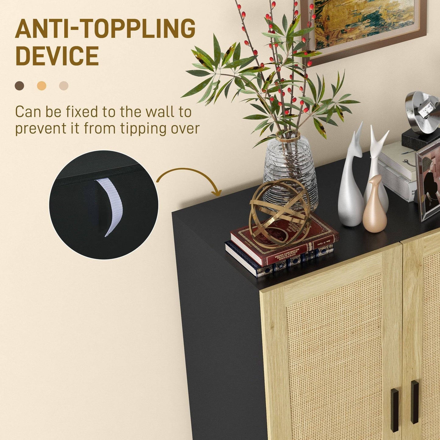 Bohemian sideboard, sideboard with 2 rattan doors and adjustable shelves, black and beige