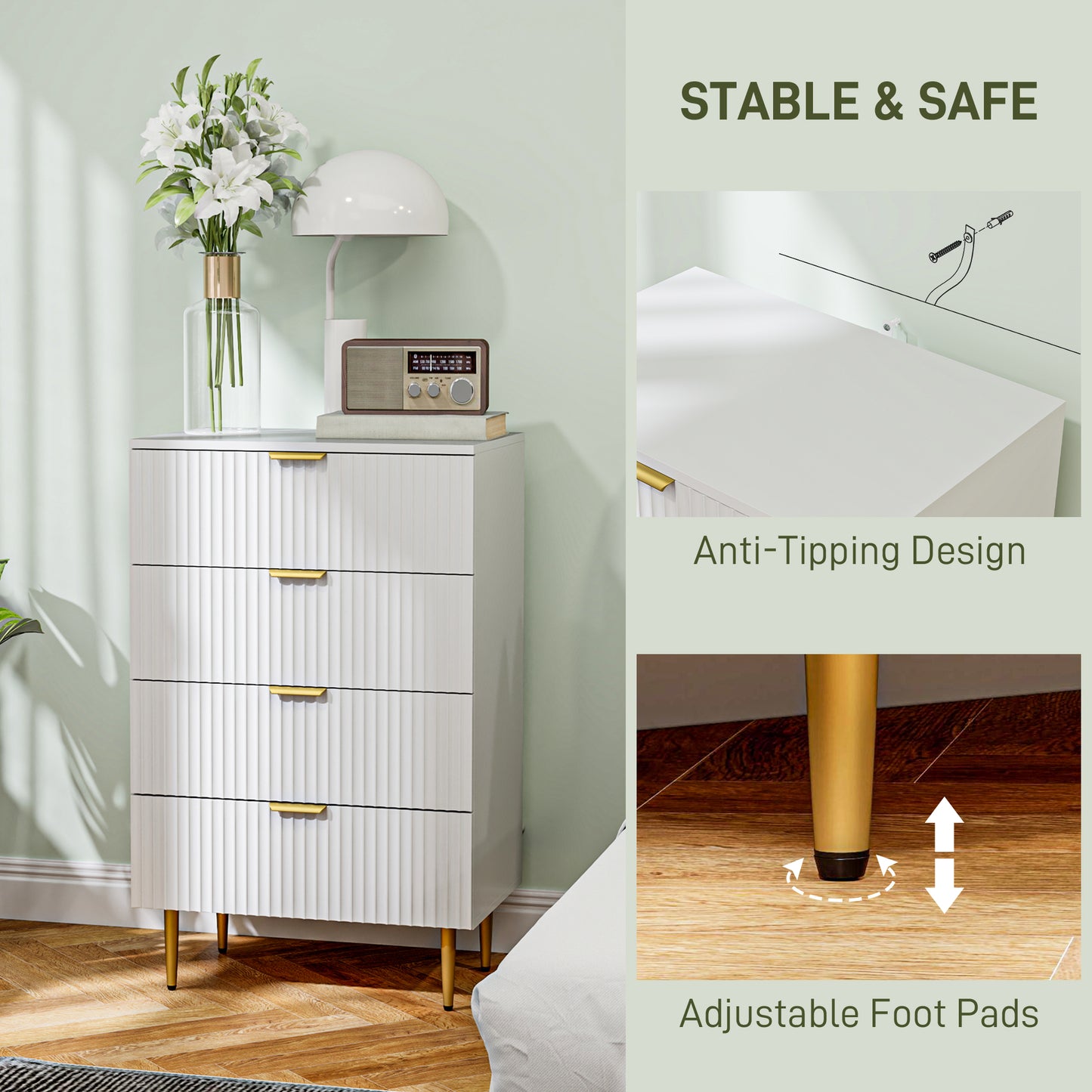 Commode moderne à 4 tiroirs avec pieds et poignées dorés, blanc