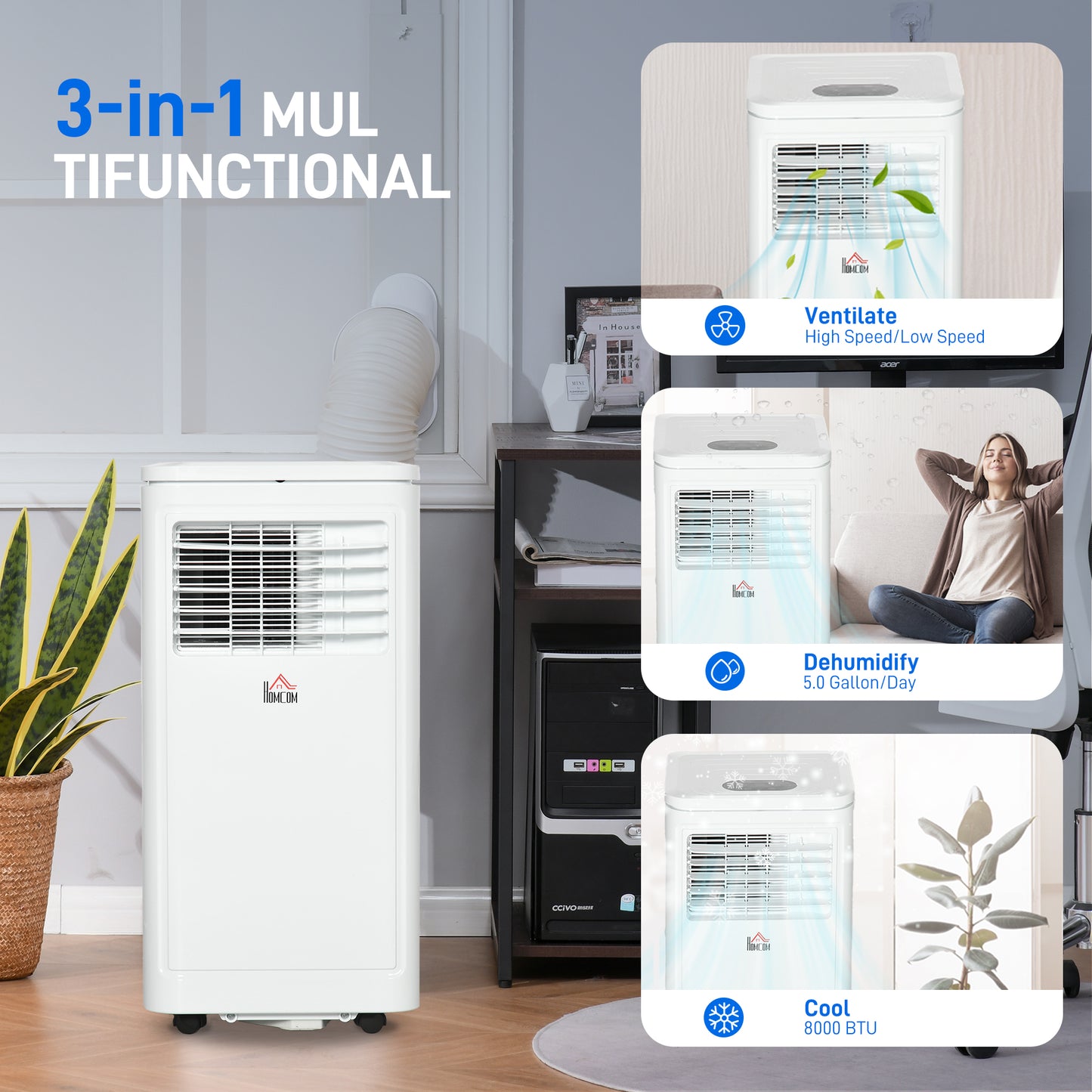 Climatiseur portatif 8 000 BTU avec refroidissement, déshumidificateur, télécommande, couleur crème