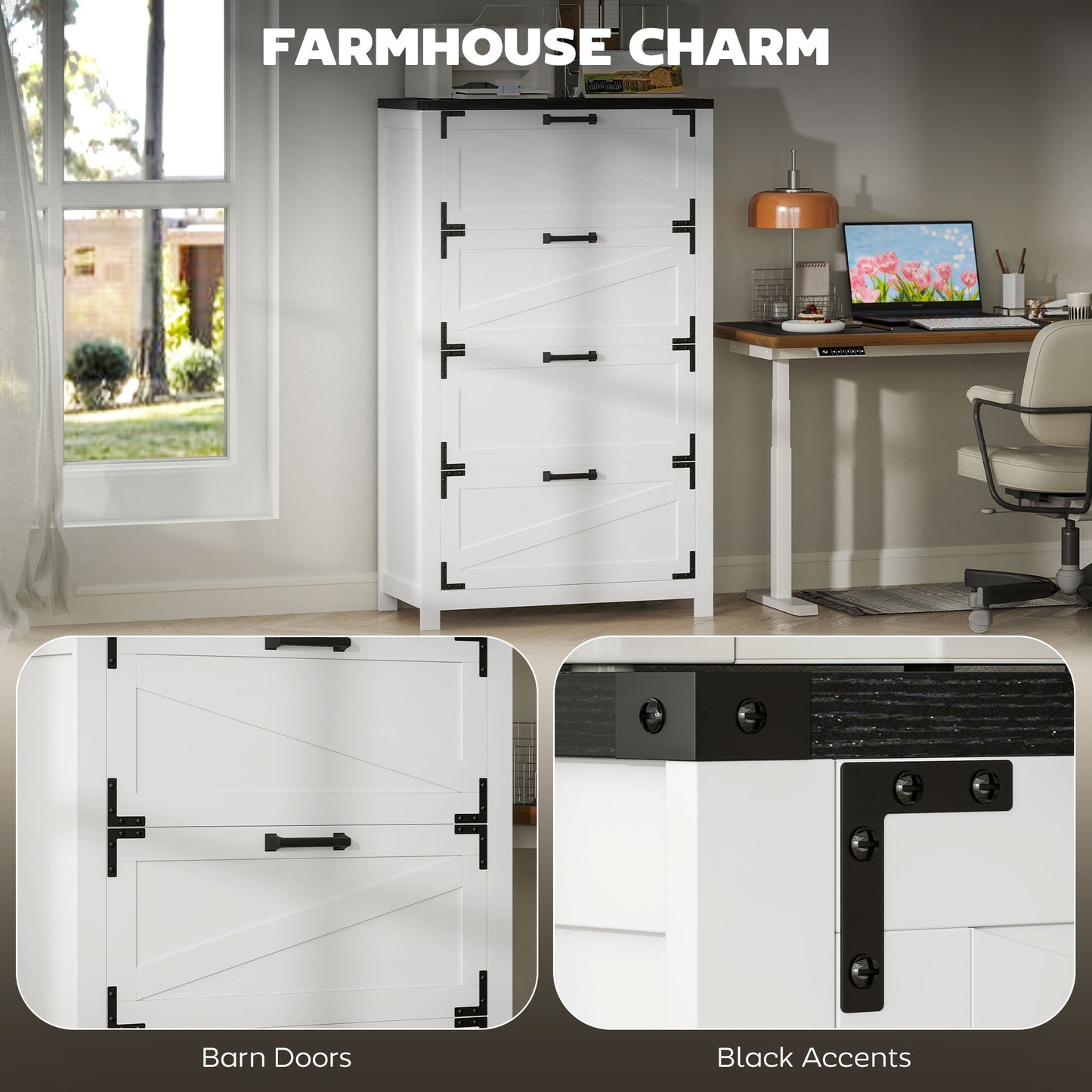 Country Style 4 Drawer Filing Cabinet with Adjustable Hanging Bars for Letter, A4, Legal Size, White