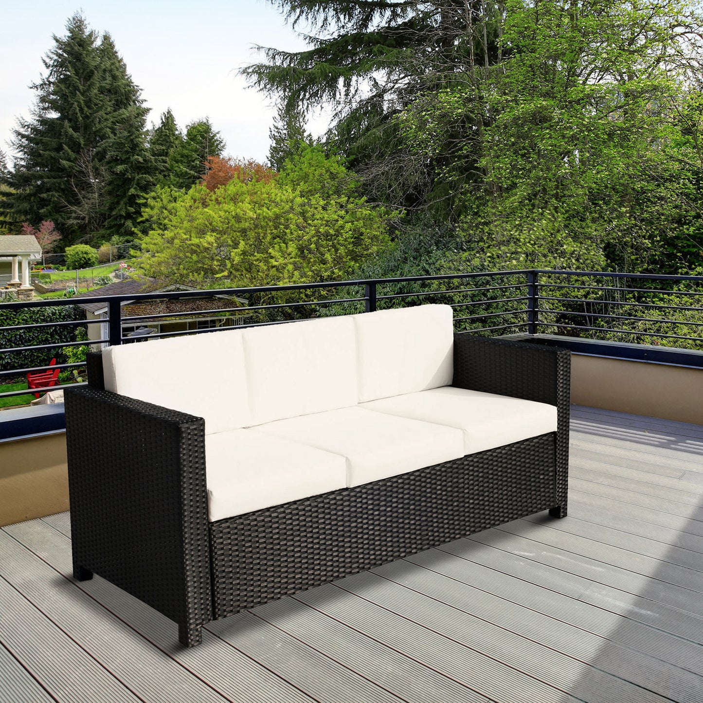 Outsunny Deluxe Canapé 3 places en rotin et osier, mobilier de jardin extérieur avec coussin, blanc crème