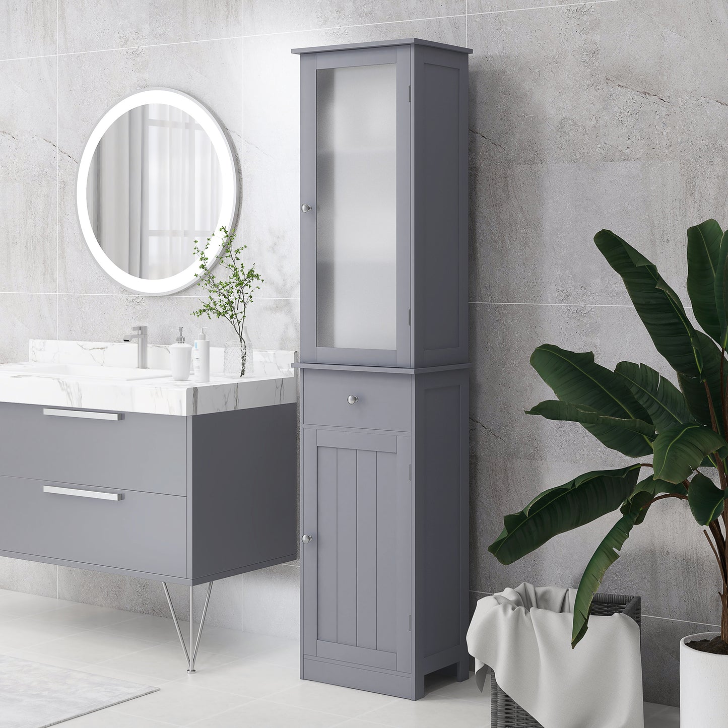 Armoire de salle de bain avec tiroirs, 2 portes et étagères réglables, gris