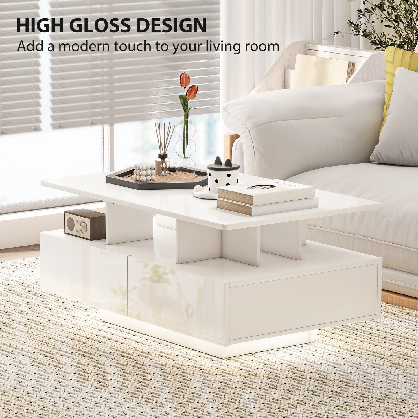 Table basse avec éclairage LED RVB avec 4 tiroirs, étagère ouverte, télécommande, blanc brillant