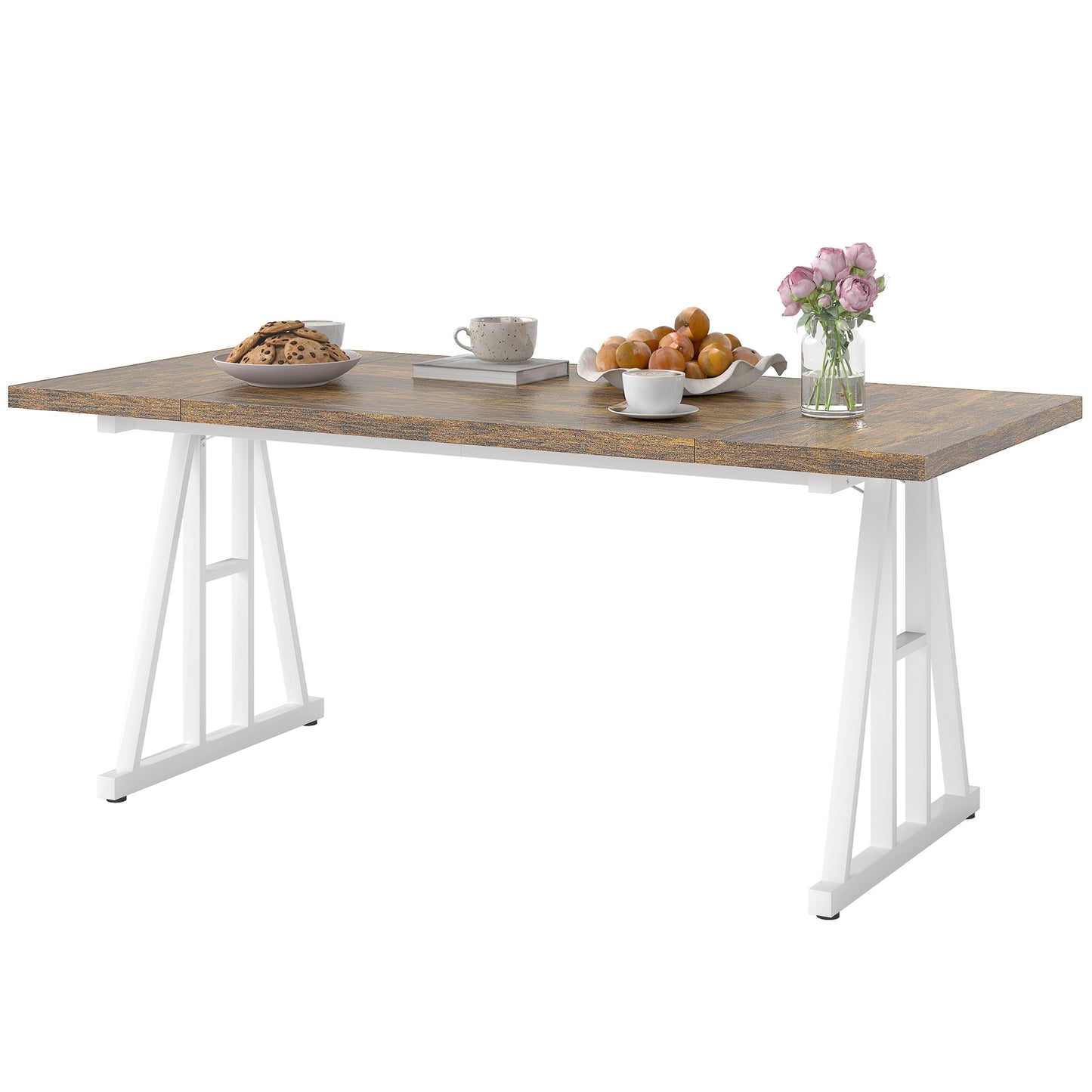 Table de cuisine style Farmhouse pour 8 personnes, rectangulaire avec plateau épais et pieds en tréteaux en acier, marron et blanc