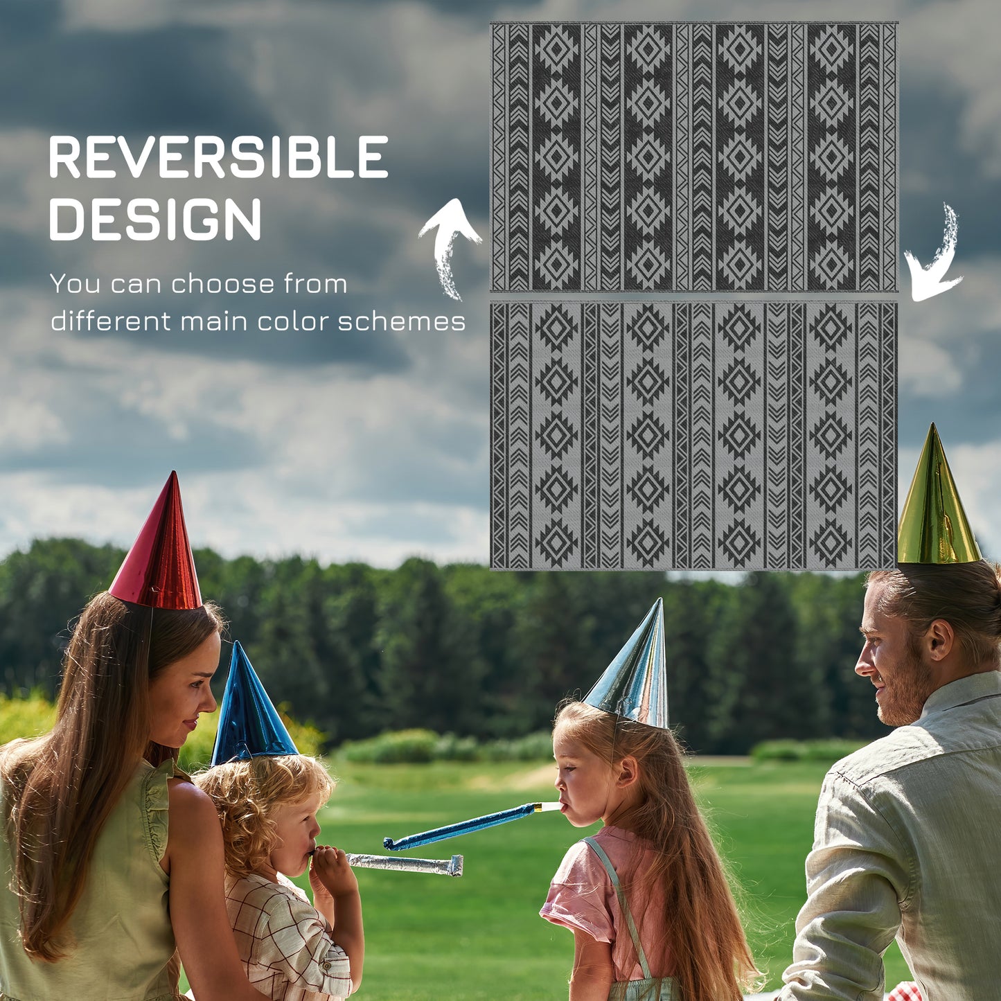 Tapis d'extérieur réversible pour patio, tapis en paille plastique 6' x 9' pour jardin, terrasse, plage, camping, noir et gris