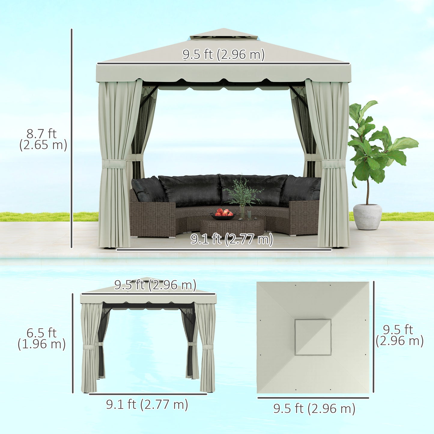 Gazebo 10' x 10' d'extérieur double toit souple avec rideaux et moustiquaires, blanc crème