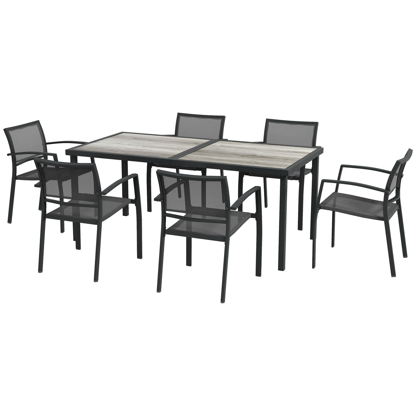 Outsunny 7 Piece Outdoor Dining Set with 6 Stackable Chairs, Patio Table and Chairs with Plastic Top and Breathable Mesh Backrest