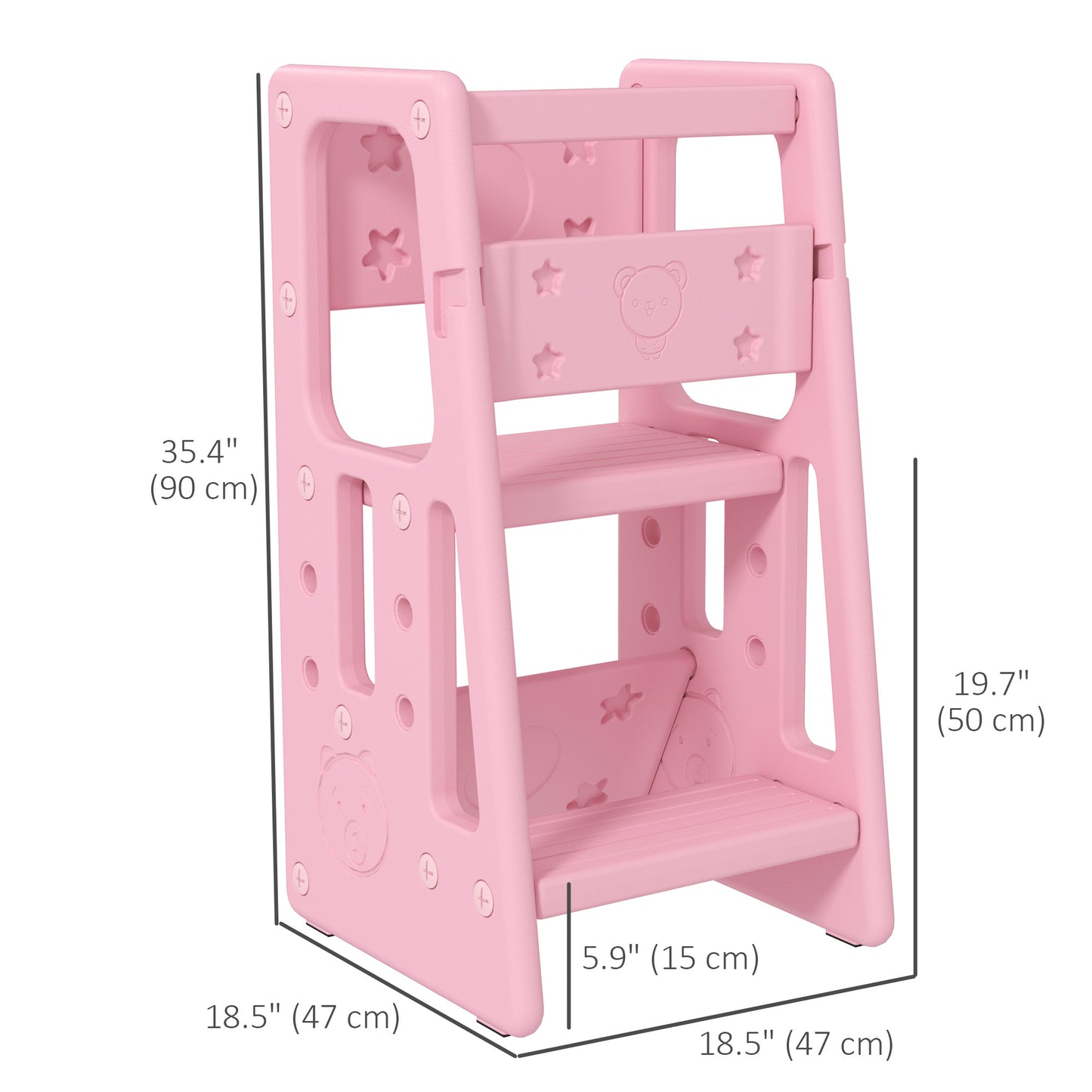 Toddler Kitchen Stool, 2 Steps, with Height Adjustable Platform and Safety Rail, Pink