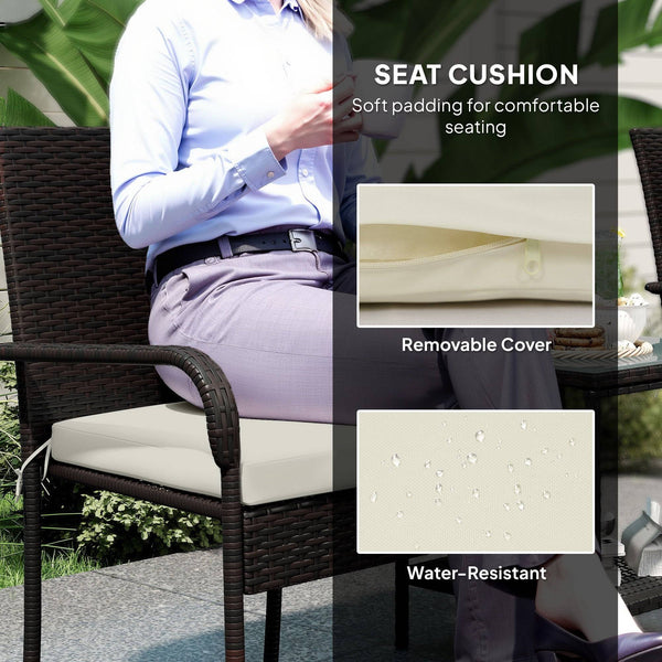 3 Piece Wicker Garden Furniture Set with Stackable Chairs, Washable Cushion, Tempered Glass Top, Brown