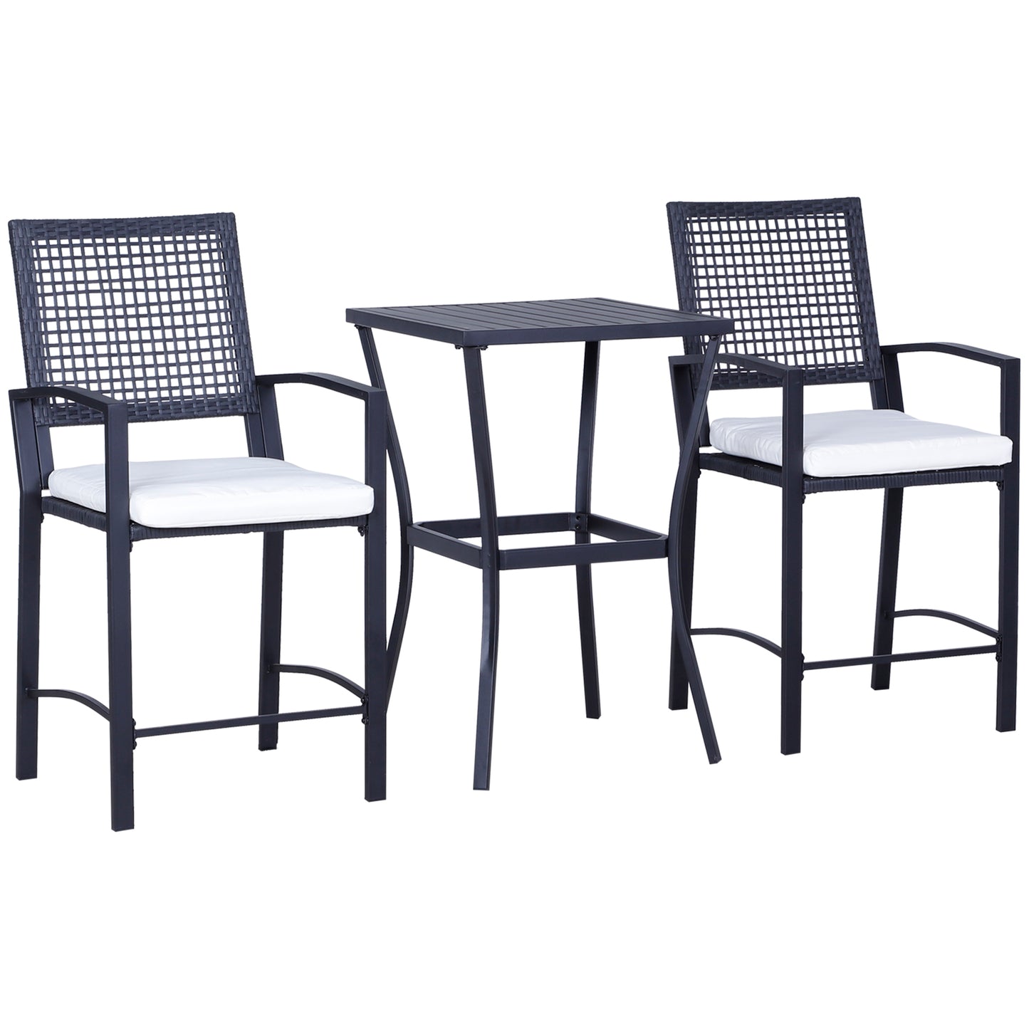 Ensemble de bar d'extérieur 3 pièces en osier, table de bar et chaises hautes de style rotin avec coussins, blanc crème