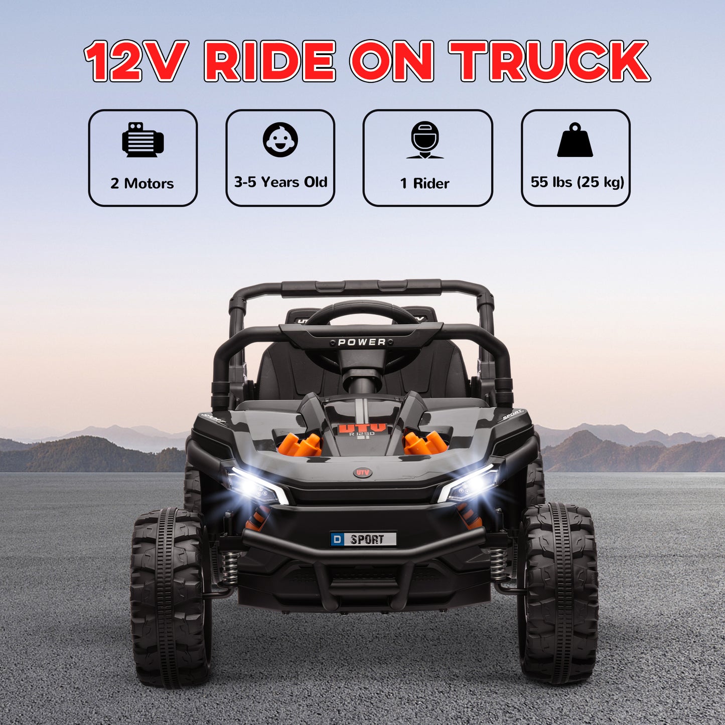 12V Kids Car, Remote Control Truck, Spring Suspension, LED Headlights, 3 Speeds, Black