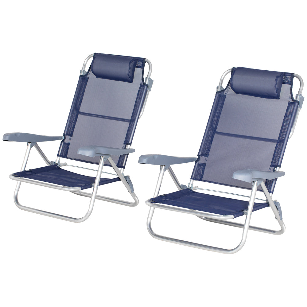 Lot de 2 chaises de plage, chaises de camping avec dossier et appui-tête réglables, bleu foncé
