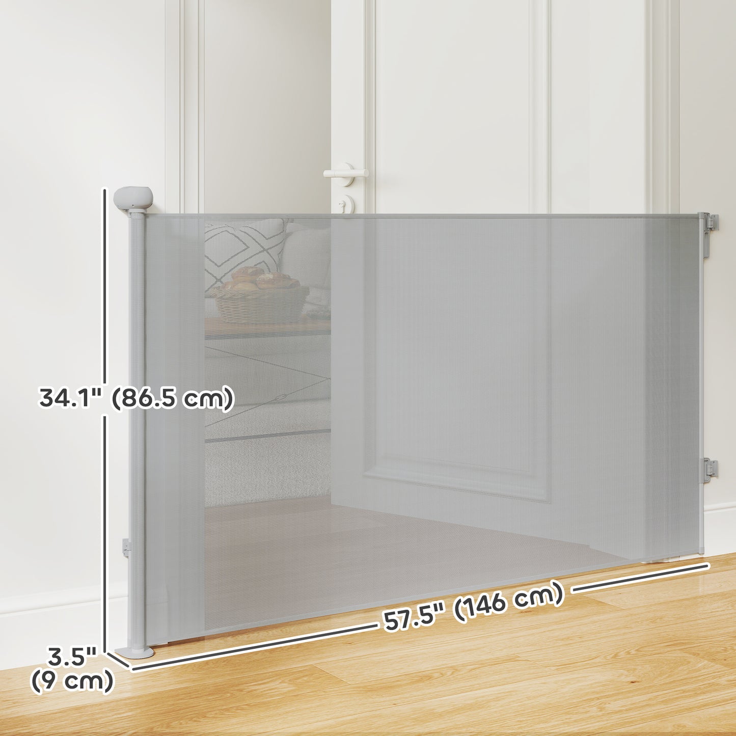 Retractable barrier extendable up to 140 cm wide and 86 cm high, for stairs, doors, corridors, interior and exterior, gray