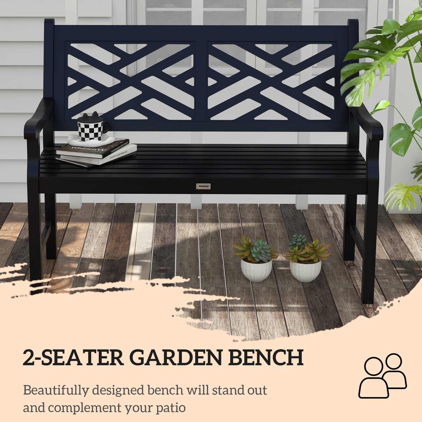 Banc d'extérieur en bois avec cadre à lattes et accoudoirs, 2 places, noir