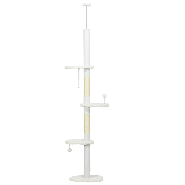Ceiling-High Cat Tree with Scratching Posts, Cloud-Shaped Platforms, Hanging Balls, White