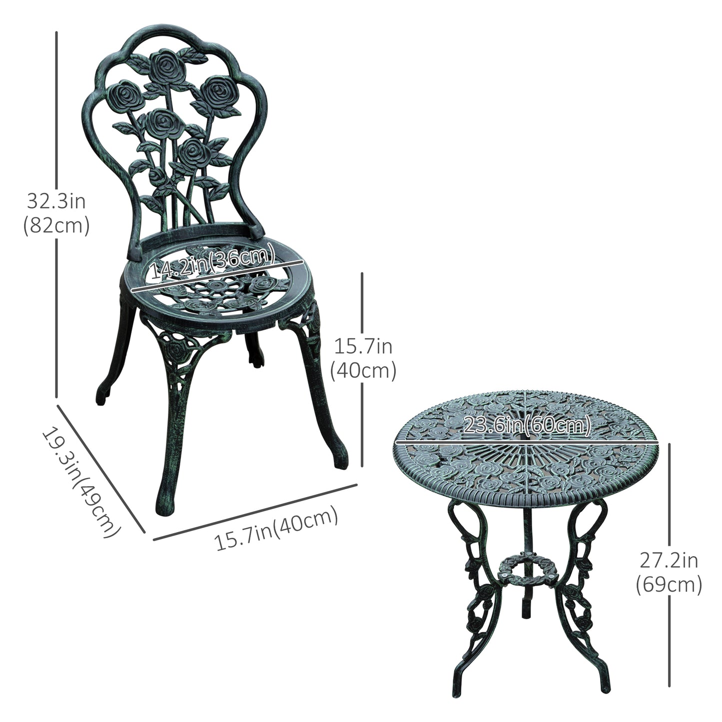 Outsunny Ensemble table et chaises de bistrot de patio 3 pièces Vert antique