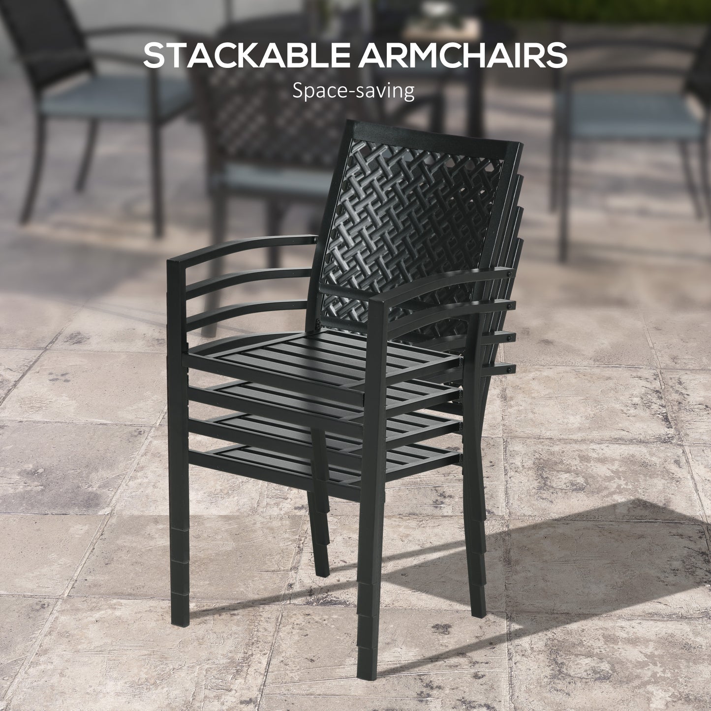 Outsunny 5-Piece Outdoor Dining Set with 4 Padded Stacking Armchairs, Patio Furniture Set with Umbrella Hole, Metal Table, for Garden, Patio, Poolside, Lawn, Backyard, Grey