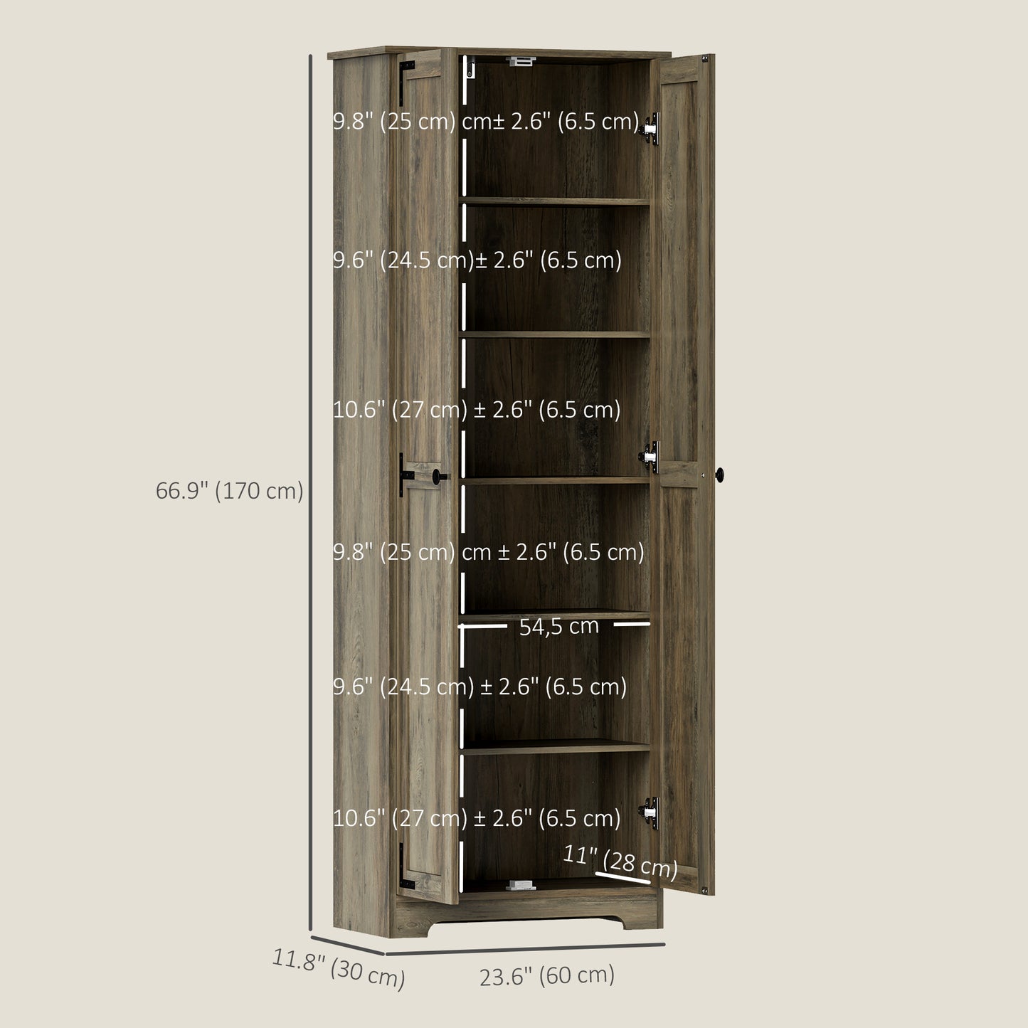 Armoire de rangement de style campagnard, 67 po, avec 2 portes et étagères réglables, gris vieilli