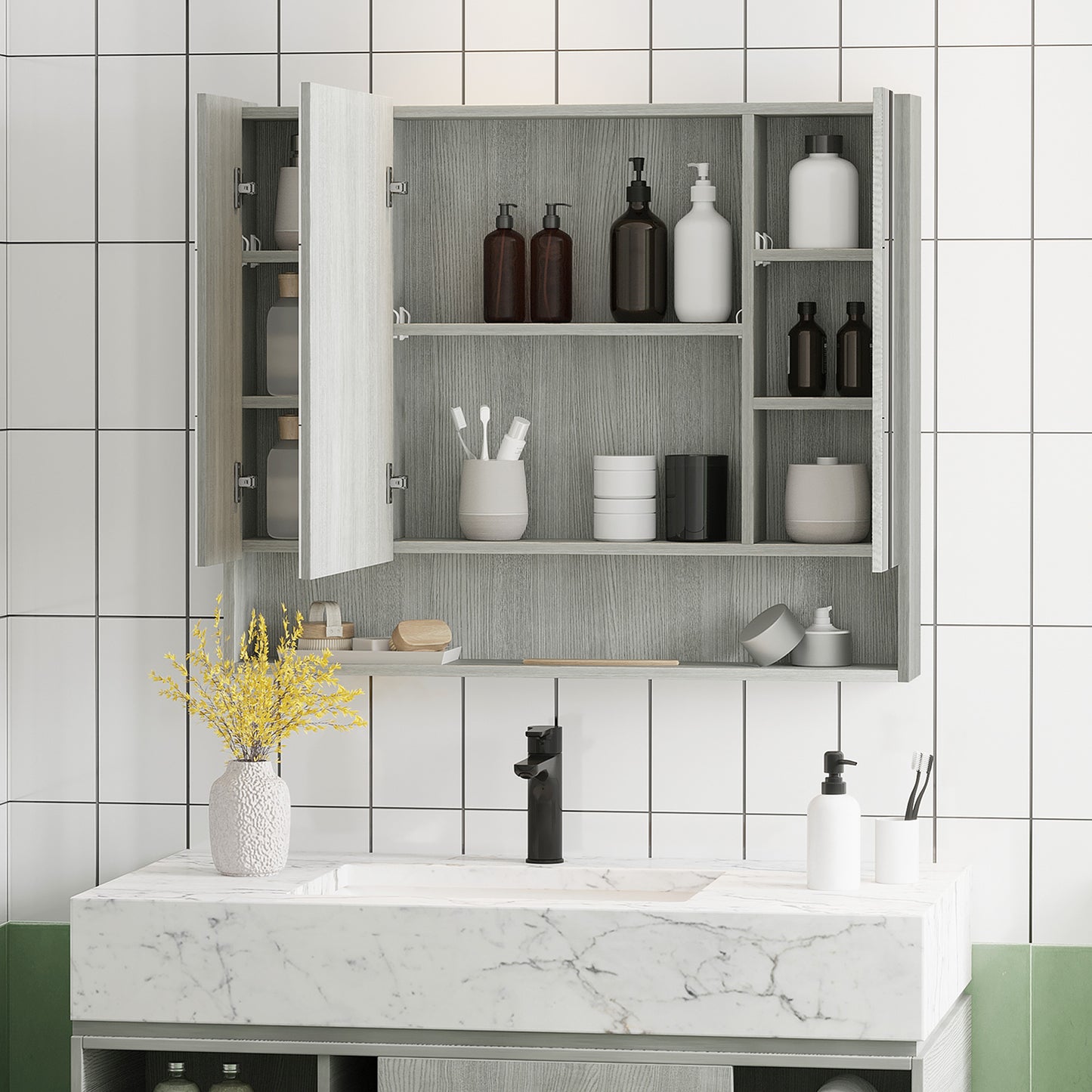 Armoire à pharmacie murale avec miroir et étagères réglables, grise