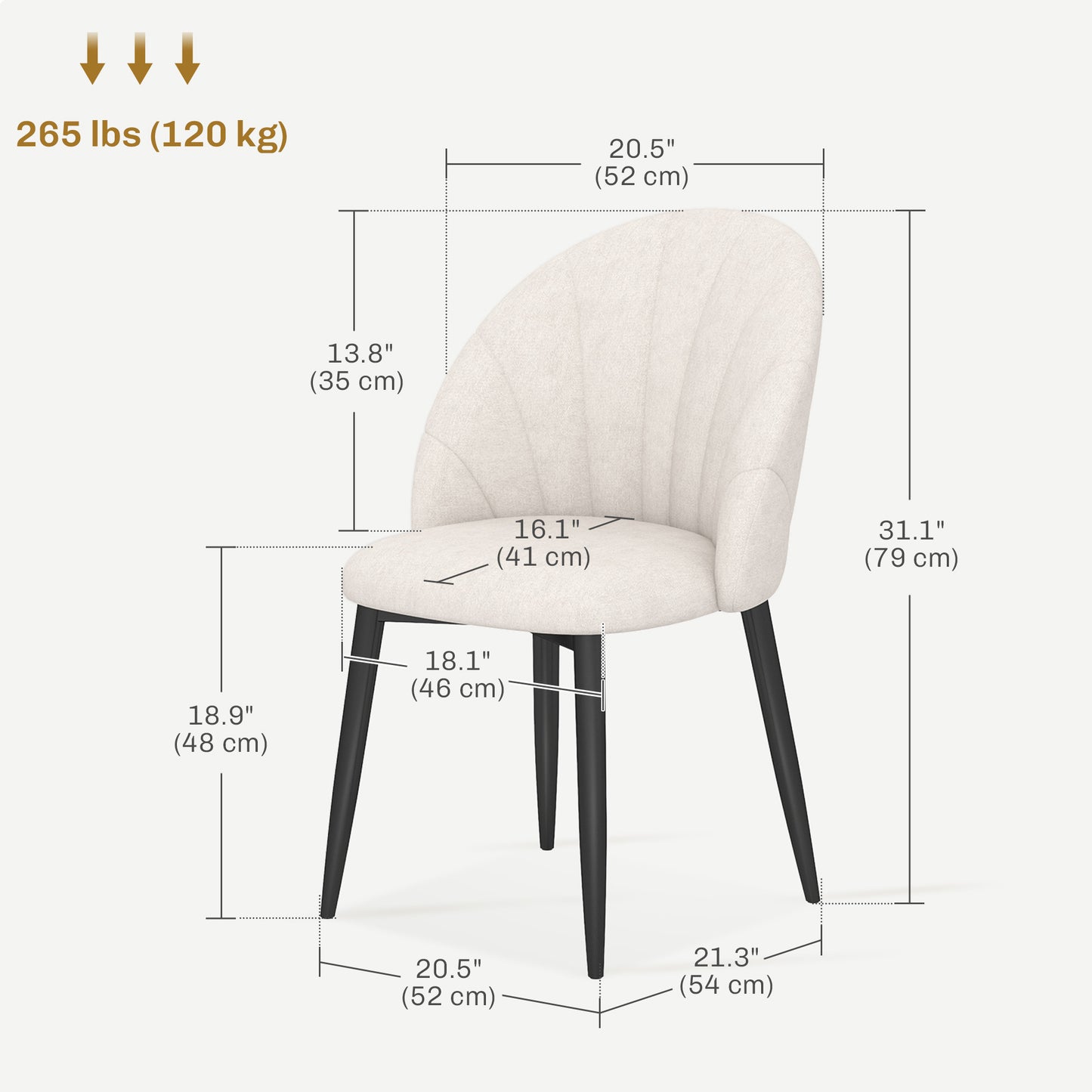 Lot de 4 chaises de salle à manger modernes avec pieds en métal, blanc crème