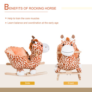 Wooden and plush rocking giraffe with sound and seat belt
