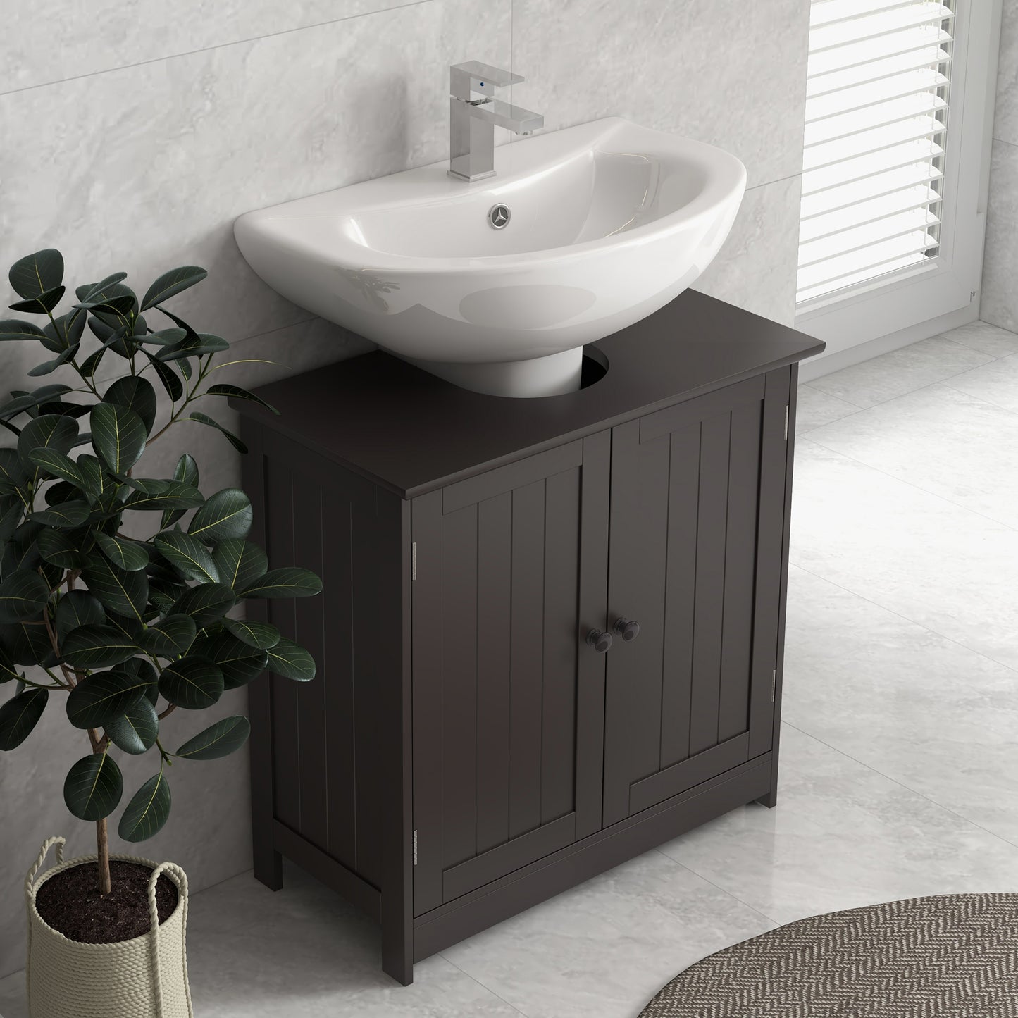 Meuble sous lavabo avec 2 portes et étagère, couleur café