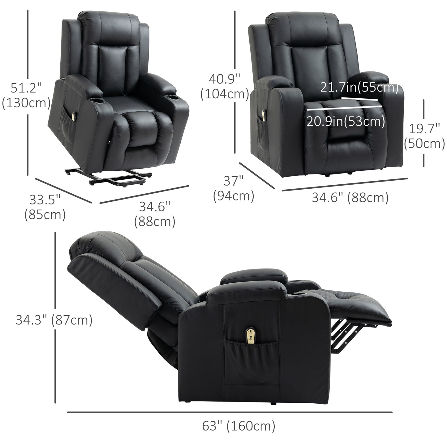Fauteuil releveur électrique, fauteuil inclinable en cuir PU avec repose-pieds, télécommande, poches latérales et porte-gobelets, noir