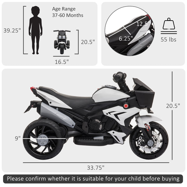 6V electric motorcycle with musical horn and headlights, white