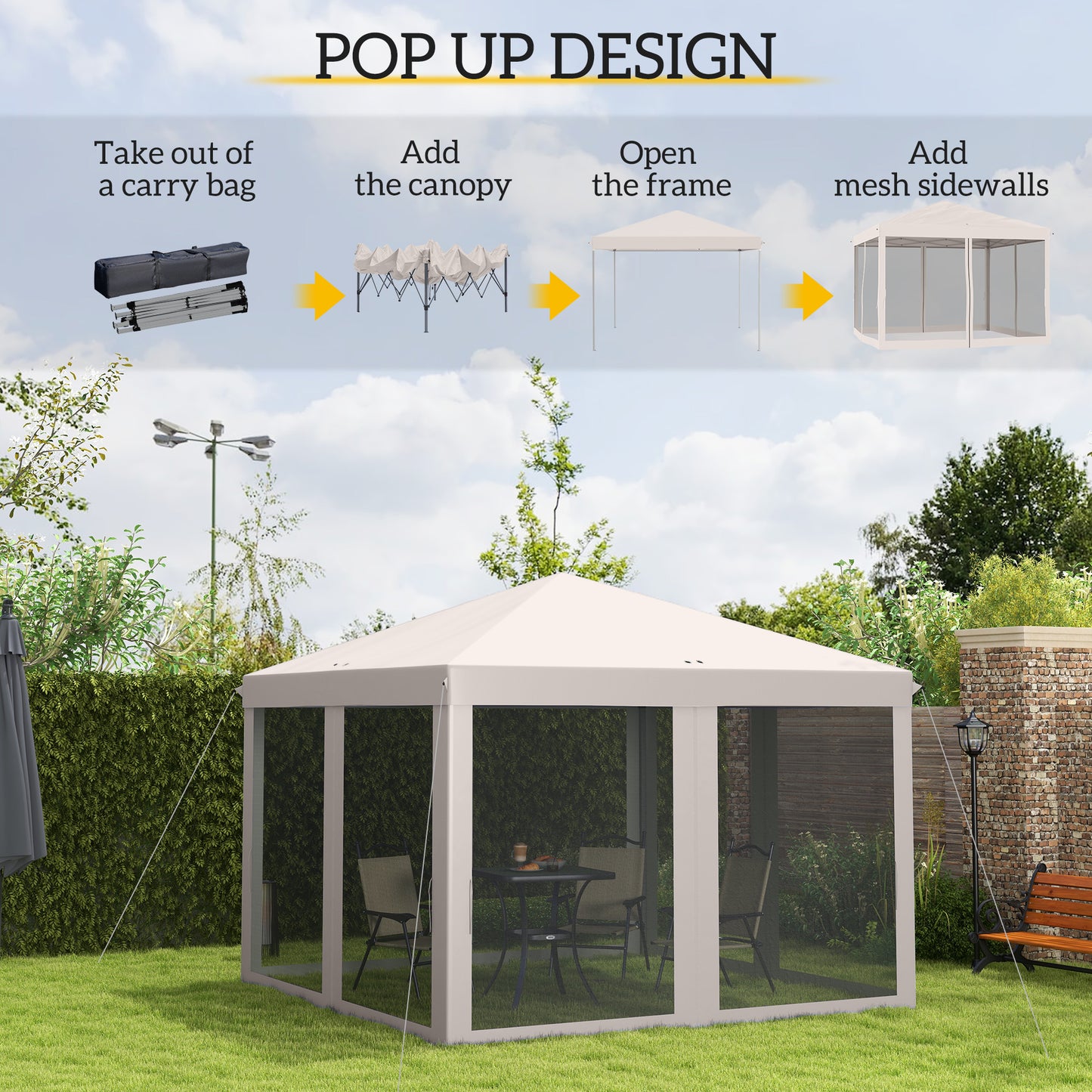 Gazebo pliant 10' x 10' avec filet latéral amovible et sac de transport, beige