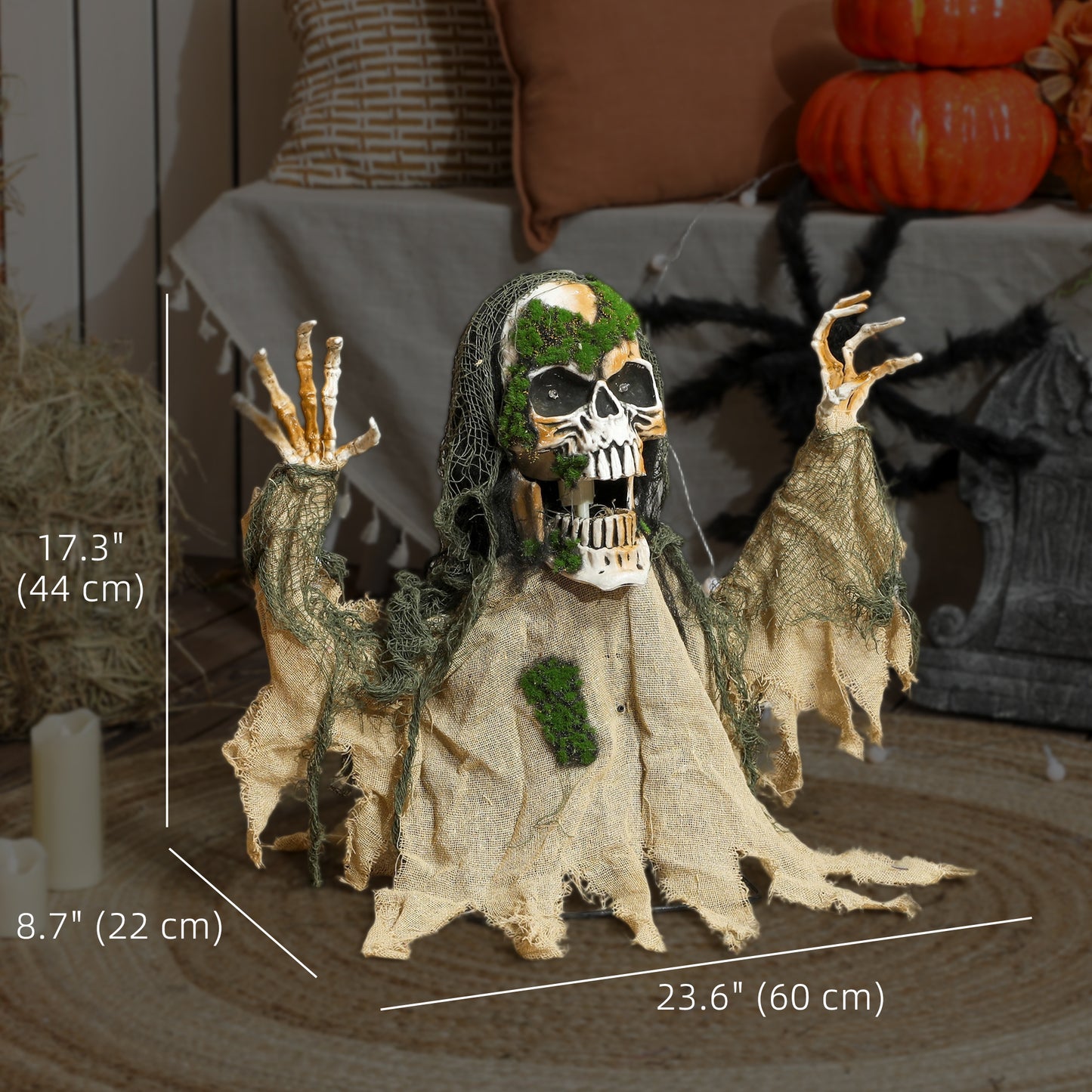 Squelette animé d'Halloween avec yeux LED lumineux, décorations d'Halloween animatroniques, à piles