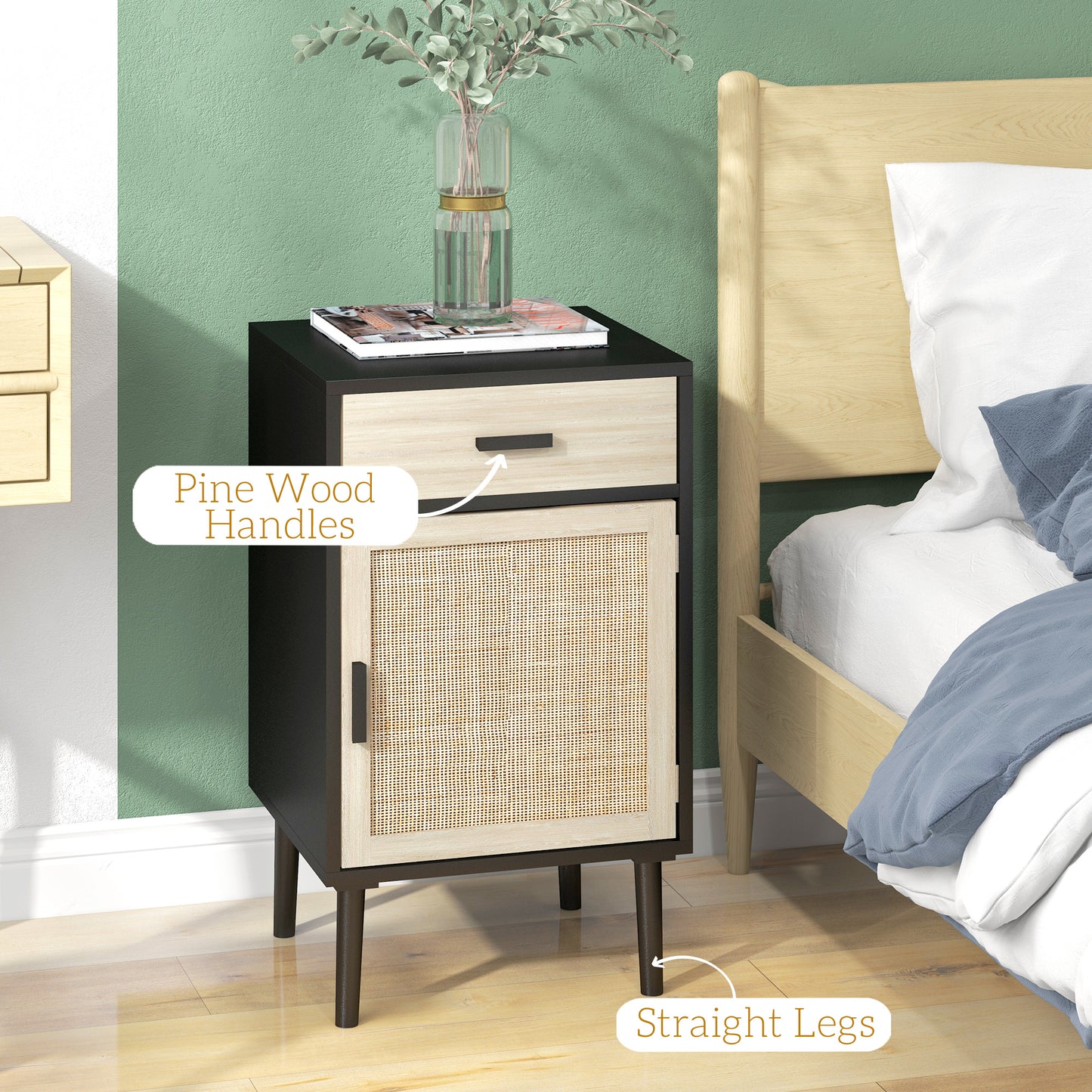 Lot de 2 tables de chevet bohèmes avec tiroir, meuble en rotin, étagère réglable pour chambre et salon, noir