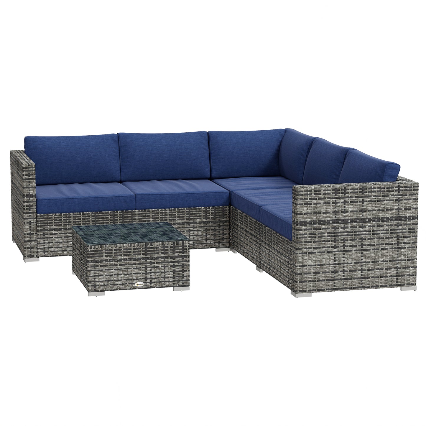 Outsunny 4 Piece Wicker Rattan Patio Furniture Set with Corner Sofa, Loveseats and Coffee Table Cushions, Navy Blue