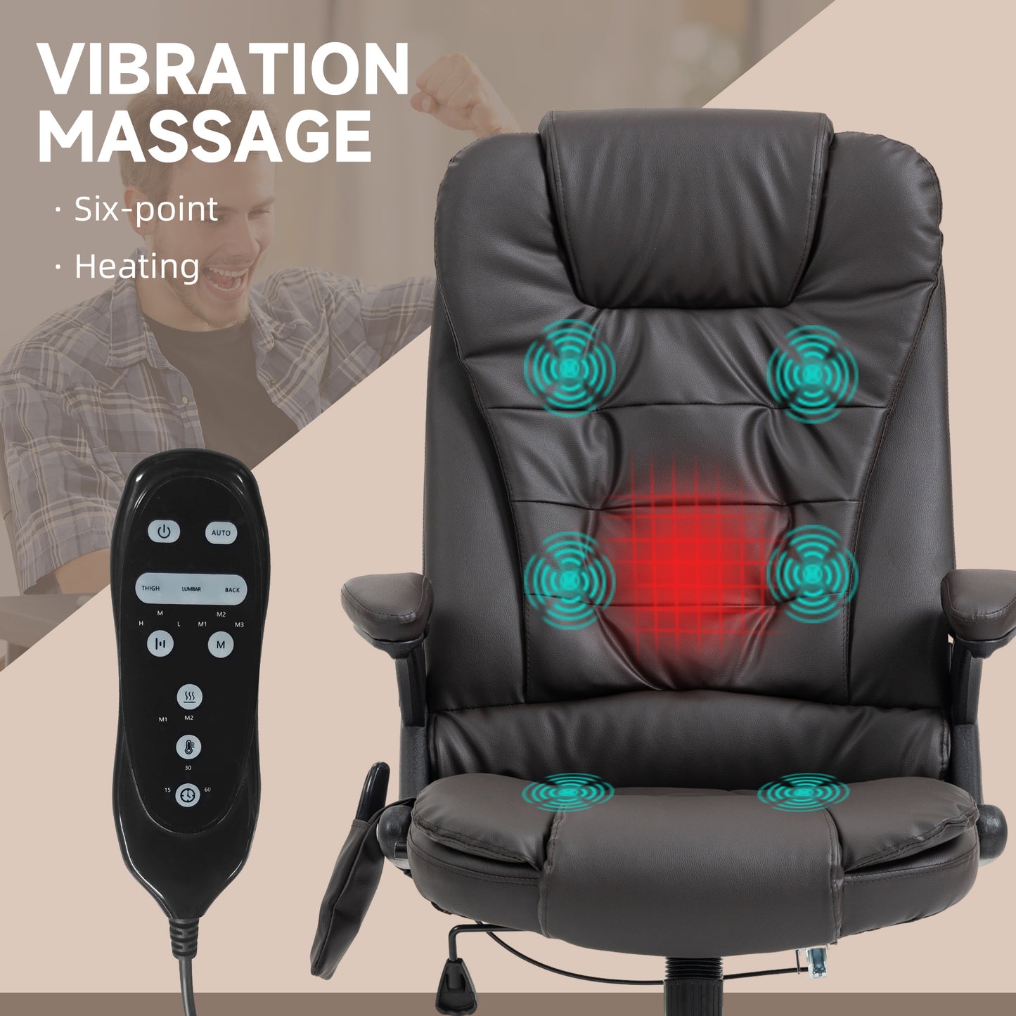 Office chair, heated, ergonomic, massaging, swiveling, vibrating in imitation leather