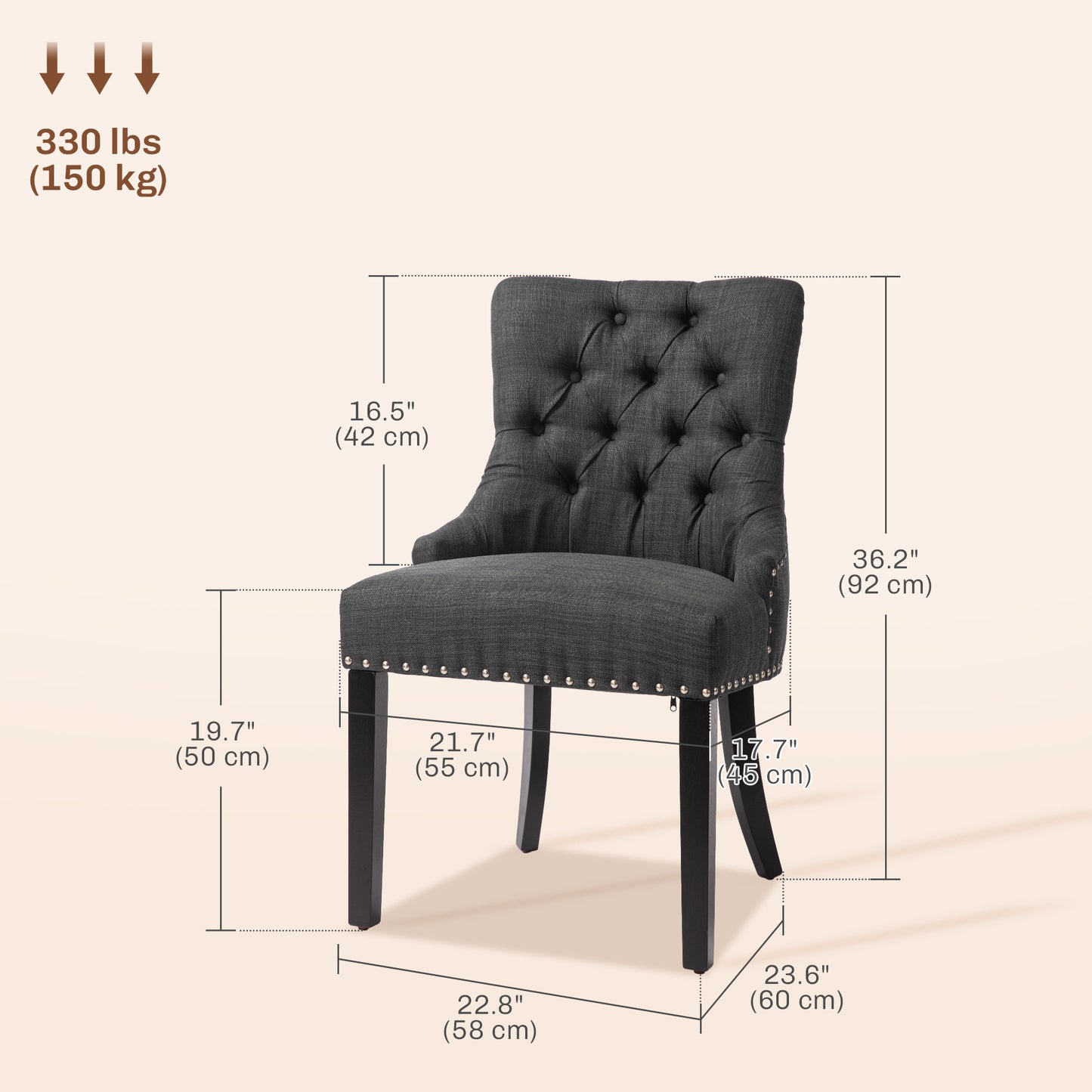 Lot de 2 chaises de salle à manger en lin avec bordure cloutée et pieds en bois, gris foncé