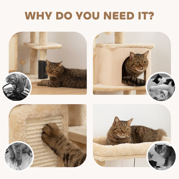 Arbre à chat de 104 cm avec griffoirs, panier, niche et plateformes de saut, beige