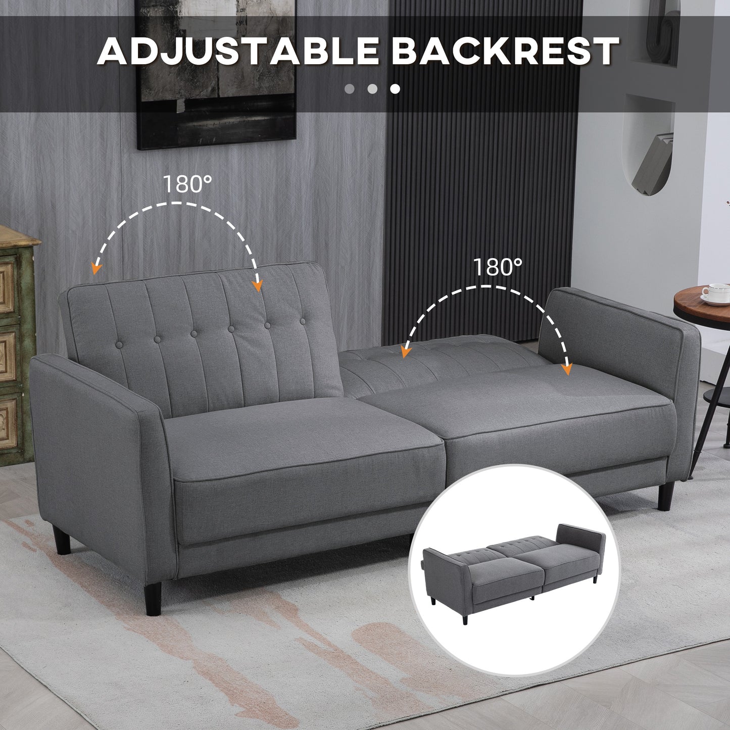 Canapé-lit convertible en tissu capitonné avec dossier réglable pour salon, gris anthracite