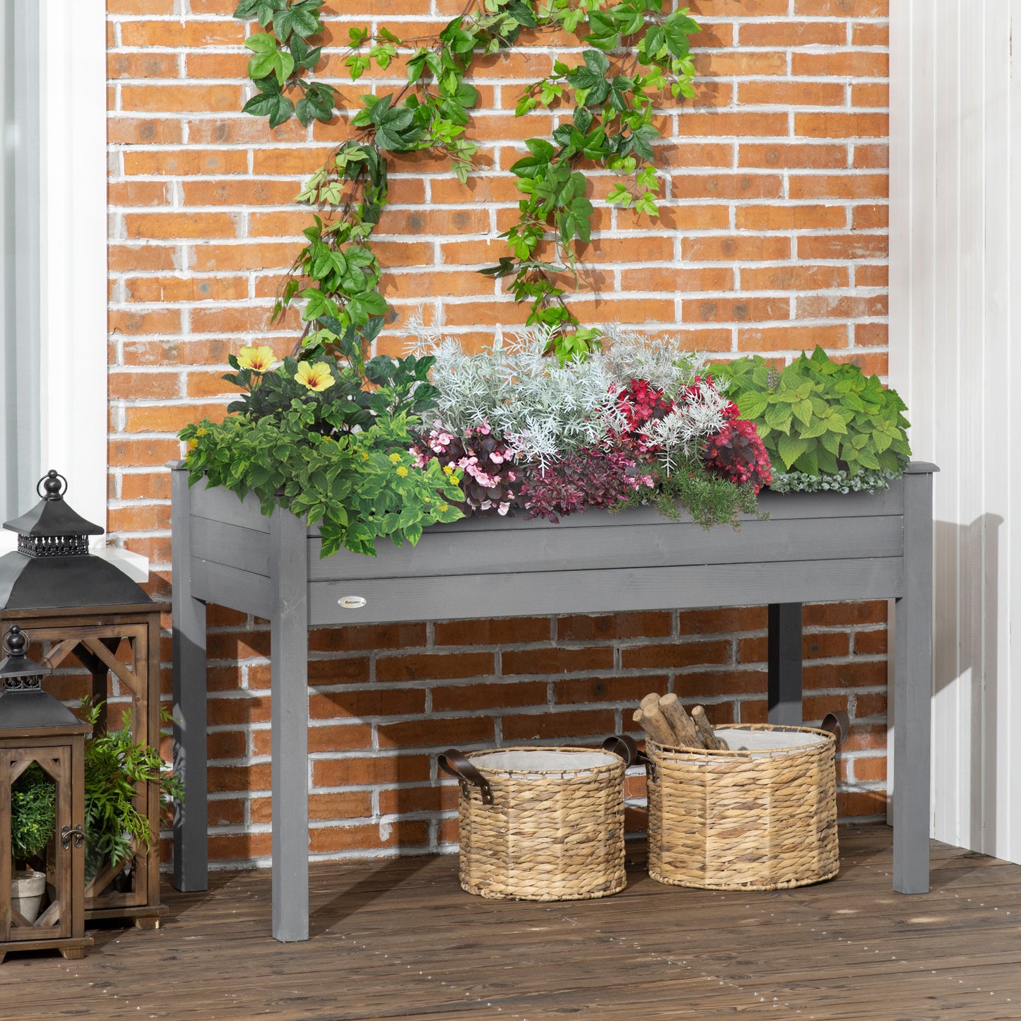 Outsunny Wooden Raised Bed 86 x 45 x 76 cm, Raised Planter with Legs, Drainage Holes, Inner Bag for Garden, Dark Grey
