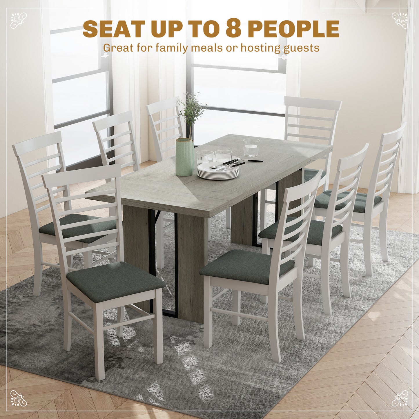 Table de cuisine industrielle pour 8 personnes avec plateau épais, finition bois gris