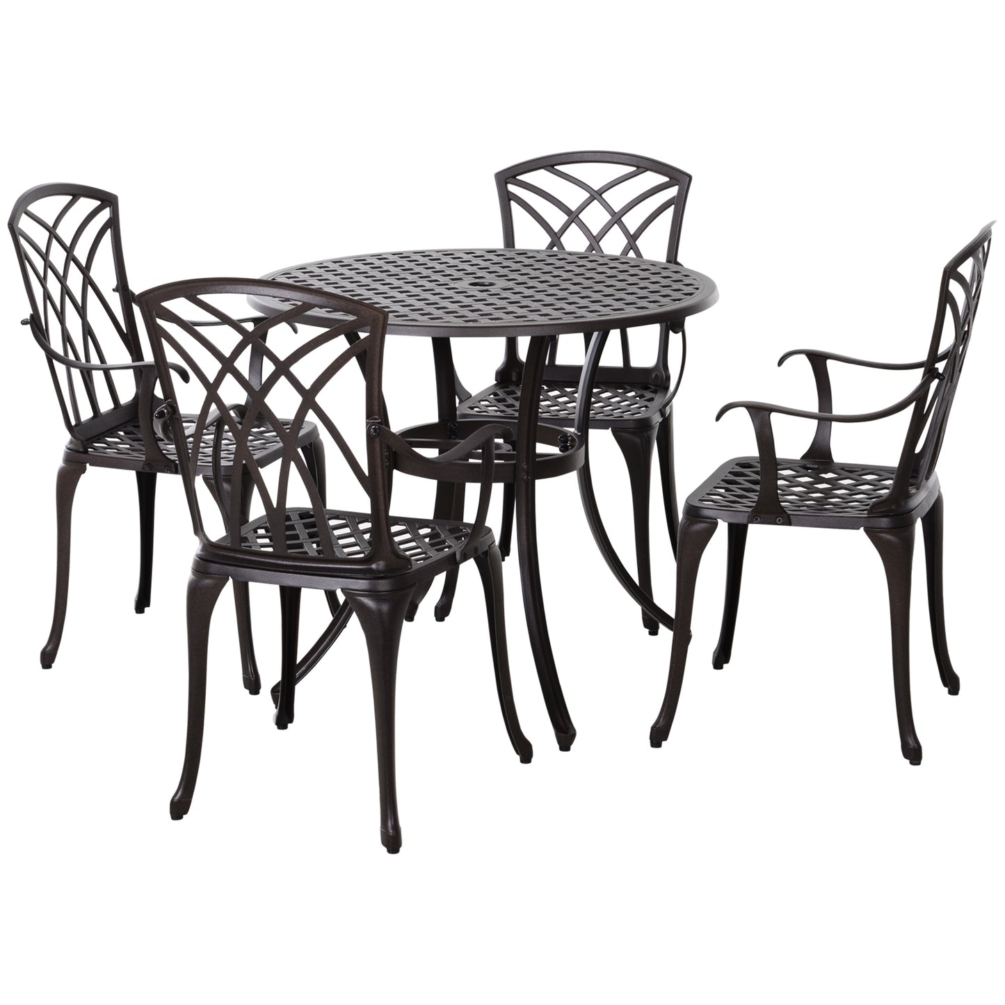 5-Piece Outdoor Dining Set, Cast Aluminum Patio Table and Chairs with Umbrella Hole, Brown