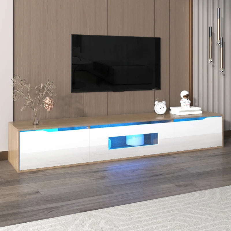 Meuble TV brillant avec éclairage LED, design moderne et options de montage polyvalentes, blanc et bois