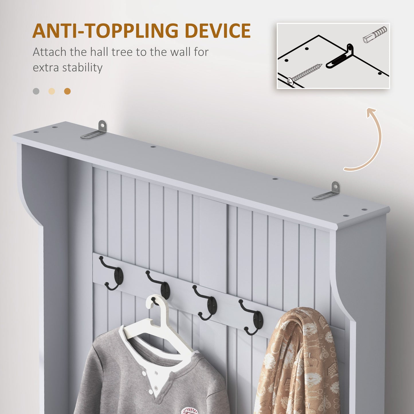 Meuble d'entrée moderne 3 en 1 avec porte-manteau, banc et rangement à chaussures, 5 crochets pour couloir et salon, gris