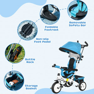 Tricycle 6 en 1 avec panier, auvent, harnais de sécurité 5 points, bleu