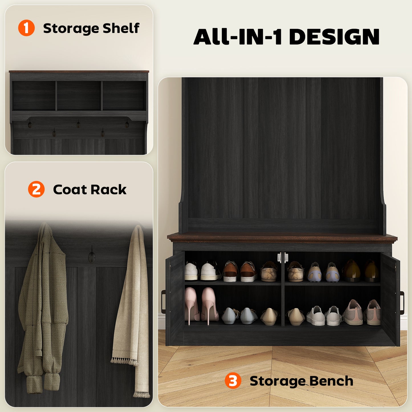 Meuble d'entrée 3 en 1 avec banc, porte-manteau et rangement pour chaussures, noir vieilli