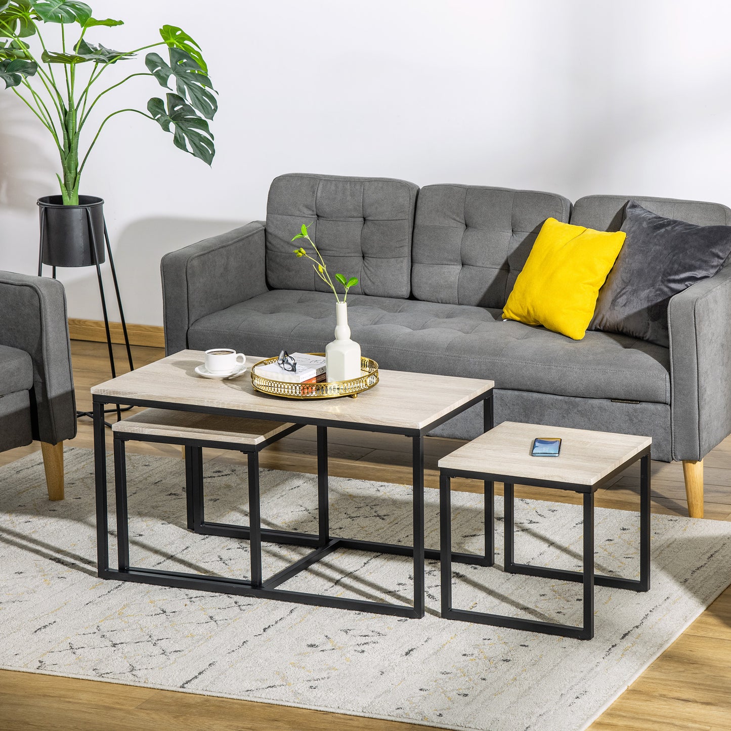 Lot de 3 tables d'appoint modernes avec cadre en métal noir pour salon, naturel