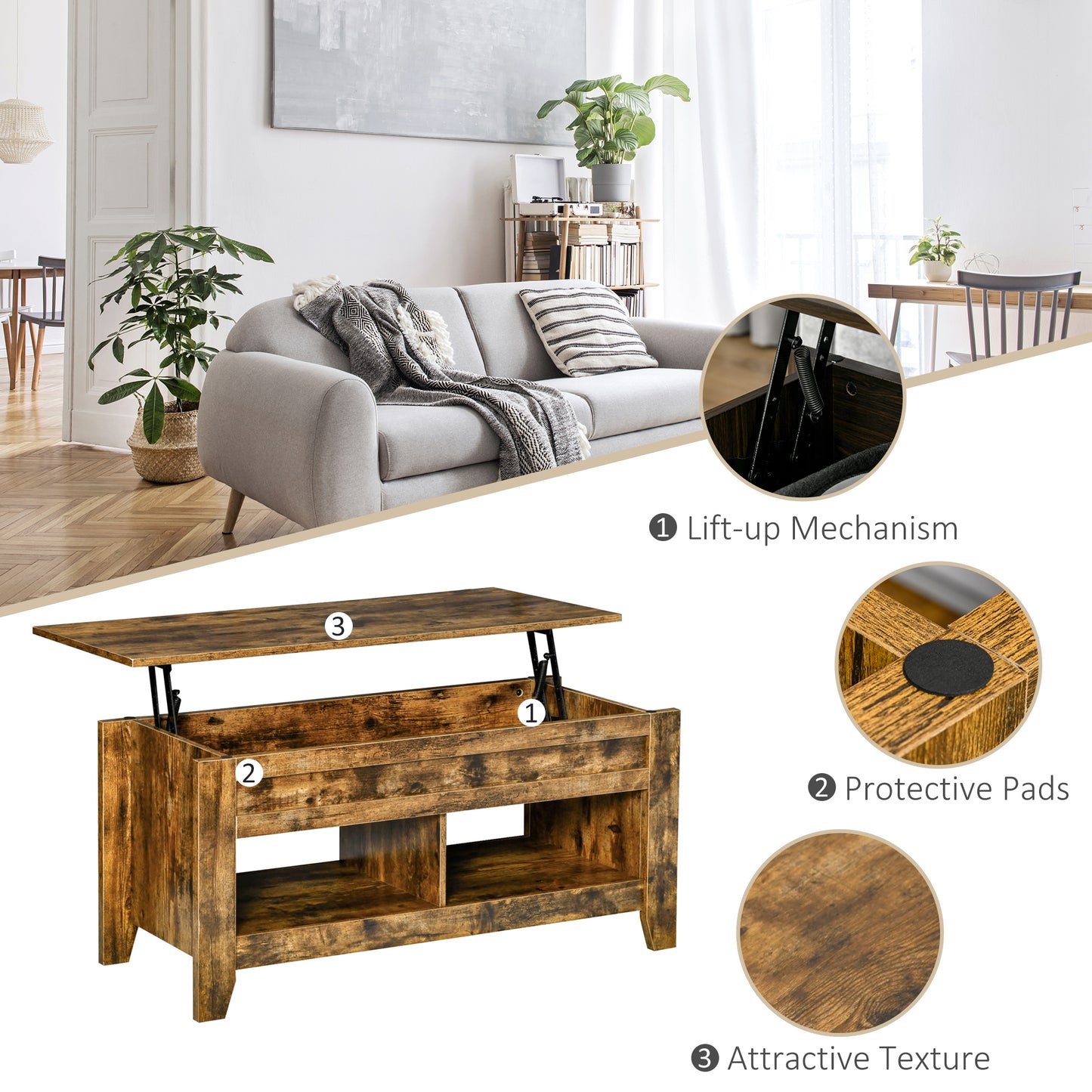 Table basse relevable avec compartiment de rangement dissimulé et étagères ouvertes, marron