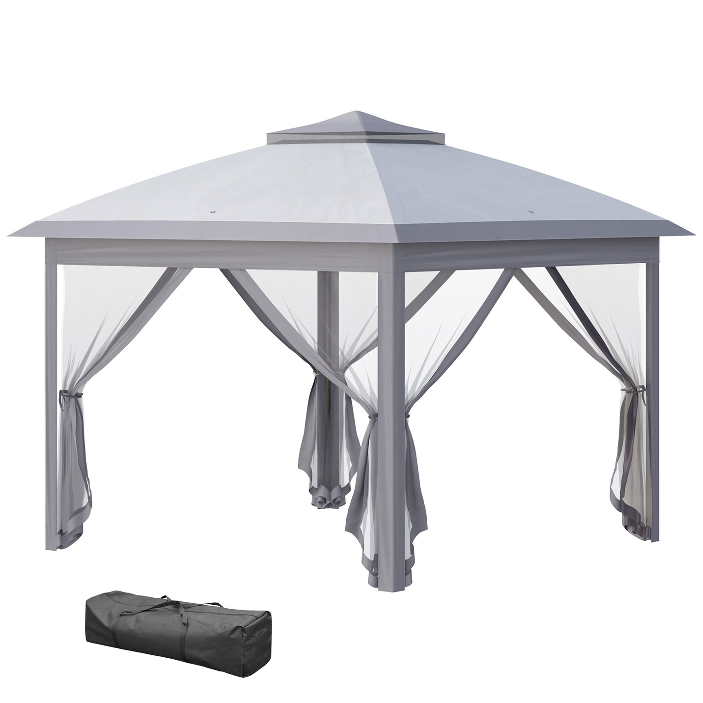 Gazebo pliant 11' x 11', tente pliable à double toit avec parois latérales en maille zippée, hauteur réglable et sac de transport, gris