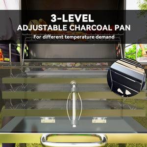 Charcoal barbecue on wheels with adjustable charcoal tray, large cooking surface, 3 shelves and thermometer