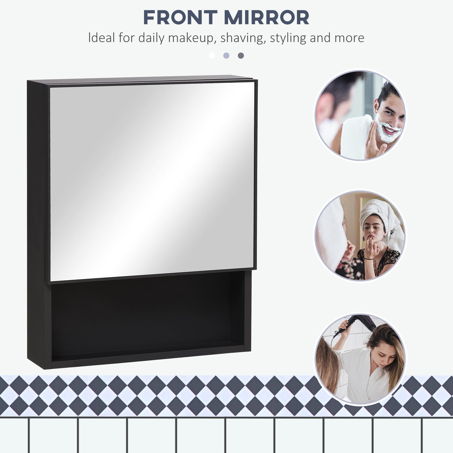 Armoire à miroir murale avec porte simple, étagères de rangement et cadre en acier inoxydable, noire