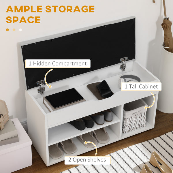 Banc à chaussures avec coussin rembourré et rangement dissimulé, blanc