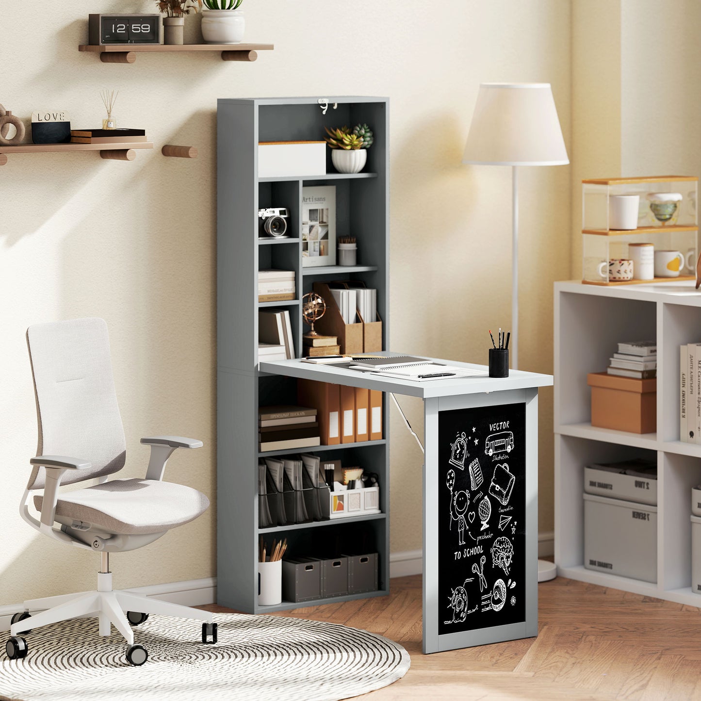 Bureau d'ordinateur mural pliable et convertible avec tableau noir et étagère latérale, gris anthracite